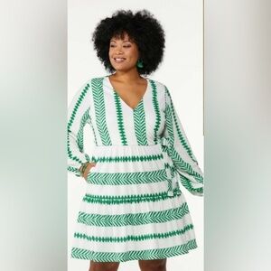 Cato Green & White Faux Wrap Long Sleeve Dress - NEW - Size 26